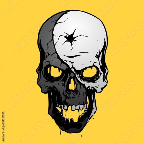 Black and white skull on yellow background