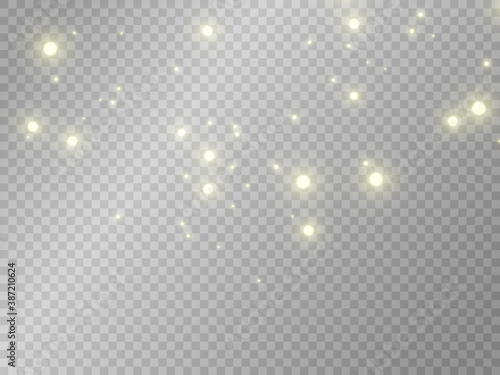 sparks and golden stars glitter special light effect. Vector sparkles on transparent background. Christmas abstract pattern. Sparkling magic dust particles