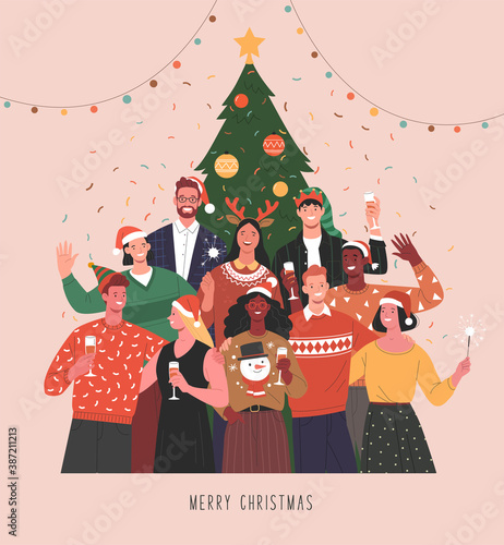 Christmas party. Vector illustration of diverse people in Christmas outfits standing together under Christmas tree with wine glasses and Bengal lights. Isolated on background 