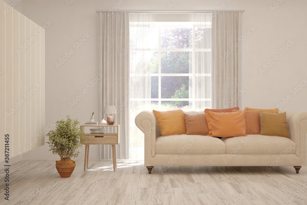 White living room with sofa. Scandinavian interior design. 3D illustration White living room with sofa. Scandinavian interior design. 3D illustration
