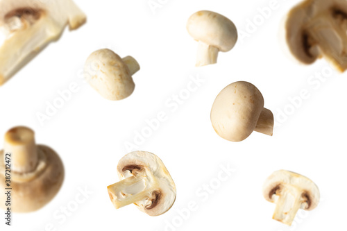 Mushrooms and champignons pieces and whole fly in space on a white background. Levitation, healthy vegetarian food.