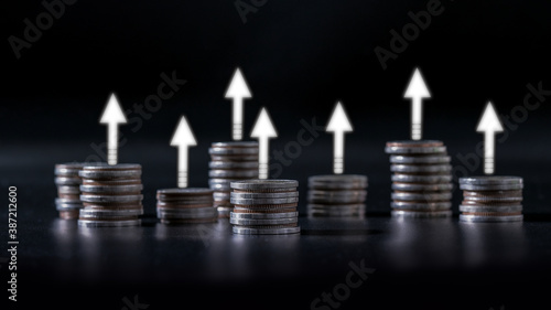 Stock market or forex trading graph, rows of coins for finance and business concept, Forex trading candlestick chart economic, ECN Digital economy, business, money, passive income. 50mp. photo