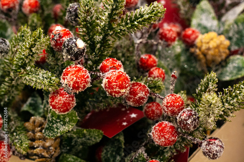 Christmas decor in the store  spruce branches with berries