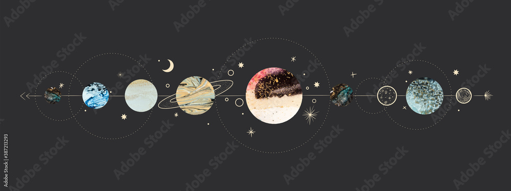 Vector illustration set of moon phases. Different stages of moonlight activity in vintage engraving style. Zodiac Signs