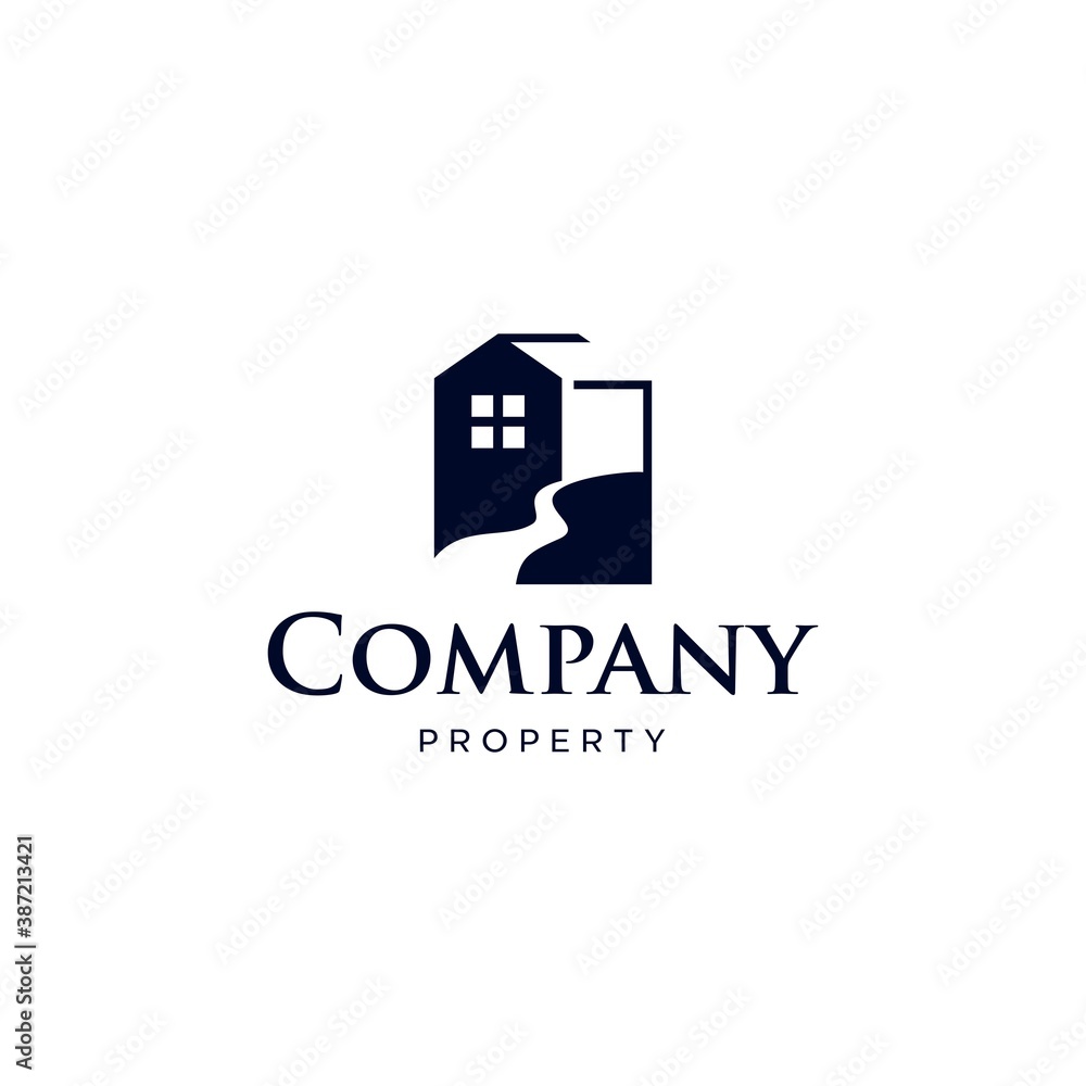 Obraz premium geometric creek river house logo vector icon illustration , house and water logo design, nature view residential property business