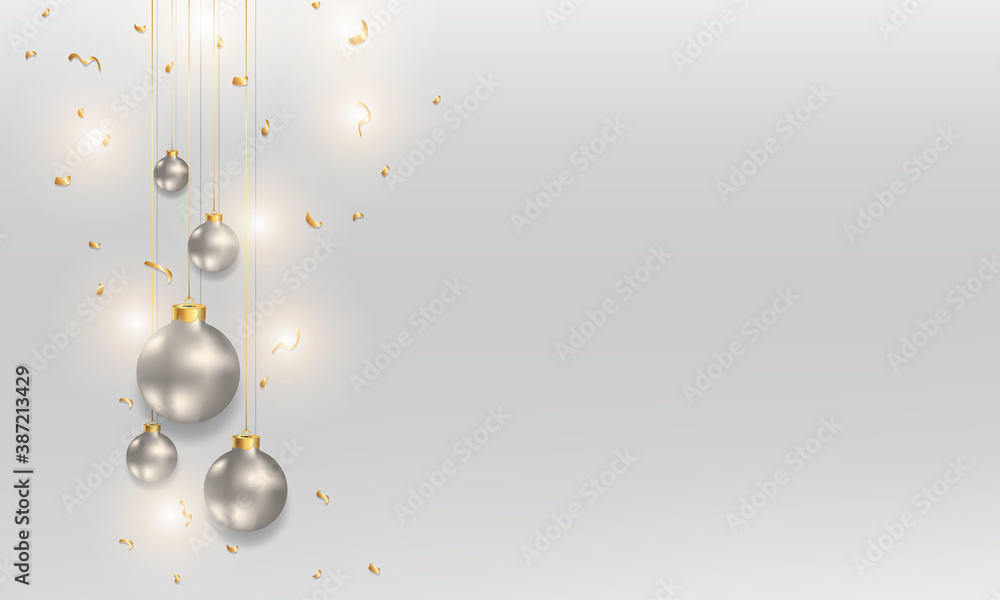 Obraz premium SIlver Christmas and New Year Background with Xmas balls and Holidays Lights