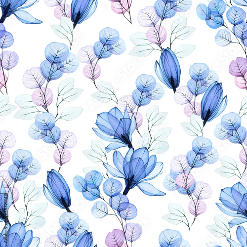 seamless watercolor pattern with transparent blue flowers on a white background. magnolia flowers, eucalyptus leaves x-ray. vintage background with pastel blue, pink, purple colors