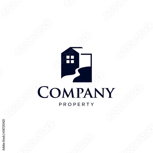 geometric creek river house logo vector icon illustration , house and water logo design, nature view residential property business