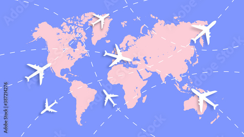 Airplane travel concept with world map map , Air plane flight route , world tour concept .
