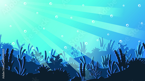 Abstract Blue Underwater Ocean Sea Nature Background Vector With Fish And Shadows Seaweed