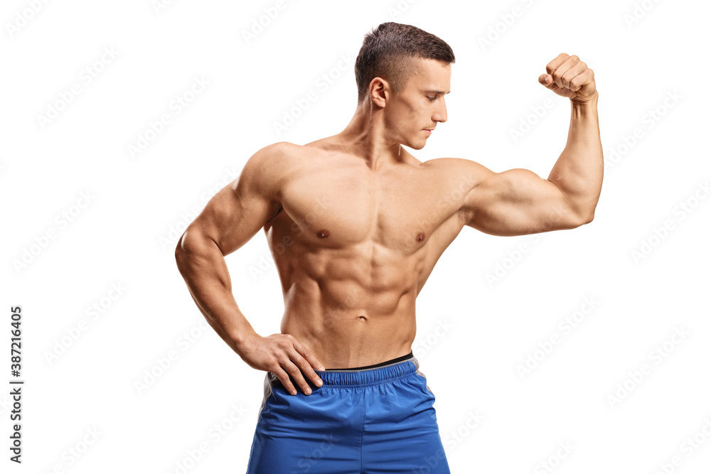 Strong muscular guy flexing one bicep muscle Strong muscular guy flexing one bicep muscle