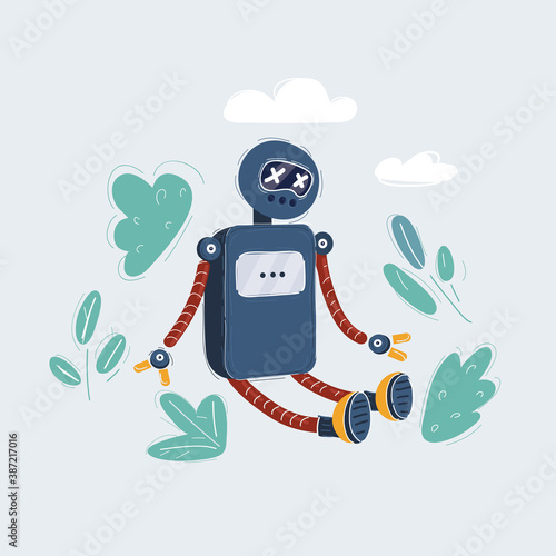Vector illustration of broken robot characteк is sitting on the floor