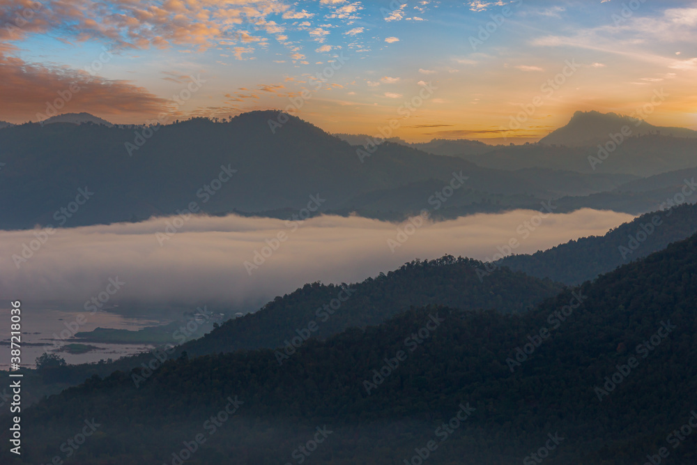 Sunrise aerial view foggy landscape from drone fly. This is landmark tourism of Chiang Khan Loei province Thailand.