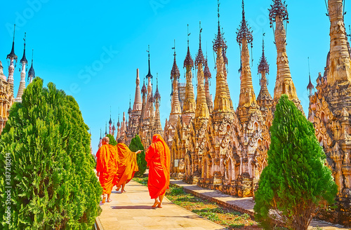 Monks in Kakku Pagodas site, Myanmar photo