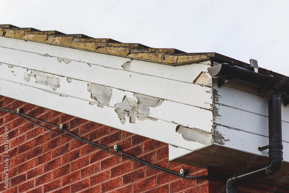 Flaking paint on wooden fascia boards to a side of a brick built building Stock Photo Adobe Stock