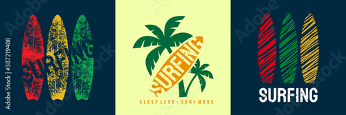 Vintage surfing fashion print design for t-shirt and other uses.  surfboard with rasta color icon. retro surfing graphic vector design.