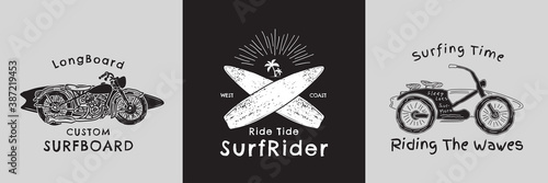 Retro hand drawn motorcycle and surf board graphic vector design. Vintage surfing fashion print design for t-shirt and other uses.