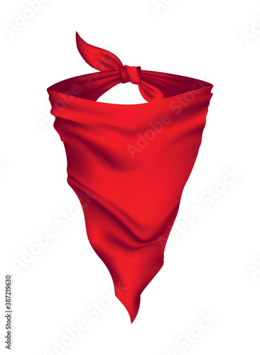 Red realistic bandana on head. Youth fashion neck scarf or cowboy element template. Headband for bikers. Scarf for head. Garment template for mockup design. Western clothes