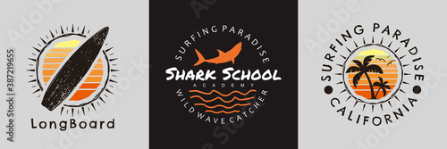 Surfing Paradise and Summer Sunset Retro Badge, palm beach and shark surf design, Surfing fashion print design.