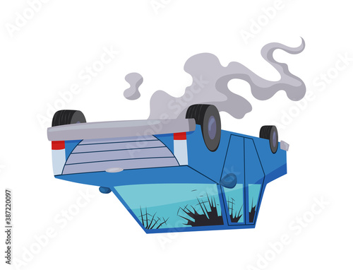 Accident on road car damaged. Road accident icon. Car overturned. Damaged vehicle insurance. Damaged auto. Not recoverable. Good for advertising an insurance company