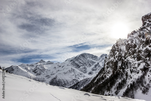 view of the winter mountains from the slopes of Elbrus