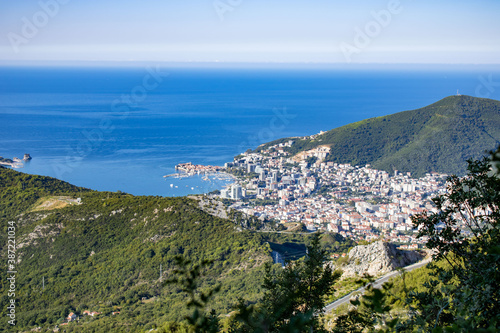 A view from the height of the mountainous area, the city and the sea bay. Adriatic coast. Montenegro