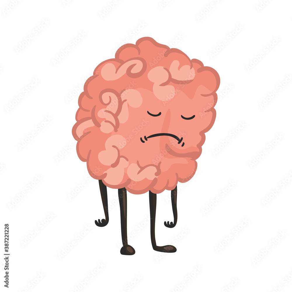 Brain character emotion. Brain character stands very upset. Funny cartoon emoticon. Vector illustration isolated on white background Brain character emotion. Brain character stands very upset. Funny cartoon emoticon. Vector illustration isolated on white background
