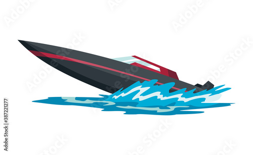 Speed motorboat. Sea or river vehicle. Sport nautical summer transportation. Motorized water vessel on sea water waves. Isolated on white background