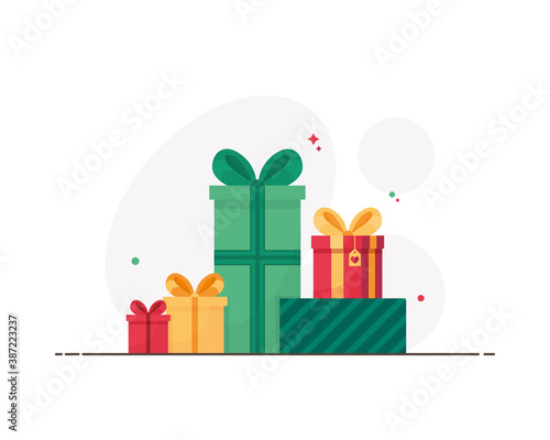 Colorful bunch of gift boxes for the holidays. Present for Christmas, xmas, New Year and birthday. Surprise for children. Winter event. Isolated on white background. Eps 10