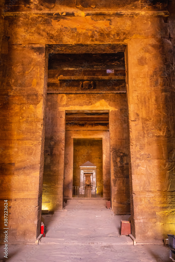 Interior of the Temple of Edfu in the city of Edfu, Egypt. On the bank of the Nile river, geco-Roman construction, temple dedicated to Huros