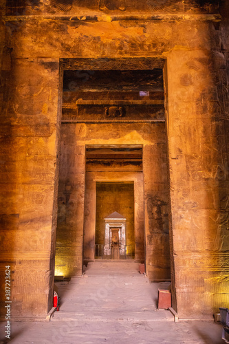 Interior of the Temple of Edfu in the city of Edfu, Egypt. On the bank of the Nile river, geco-Roman construction, temple dedicated to Huros