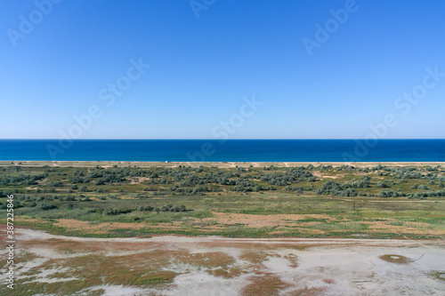 Aerial photography of the Black Sea in Anapa. Shooting a shallow bay in sunny weather.