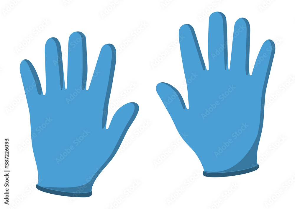 Protective blue gloves. Latex medical gloves as a symbol of protection against viruses and bacteria. Precaution icon. Healthcare Concept. Vector Protective blue gloves. Latex medical gloves as a symbol of protection against viruses and bacteria. Precaution icon. Healthcare Concept. Vector