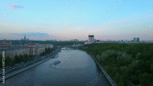 moscow river famous gorky park side bay aerial twilight flight over panorama 4k russia photo