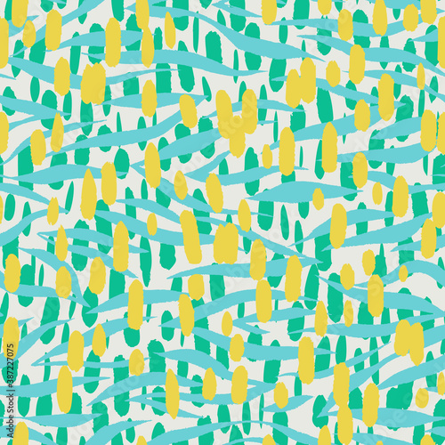 Abstract seamless pattern with simple geometric shapes such as ovals, lines and stripes.