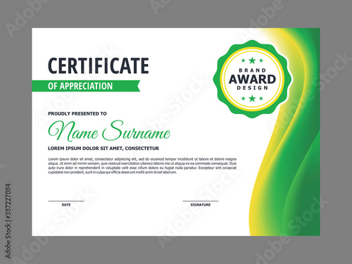 Abstract Smooth Certificate with Natural Green Yellow Wavy Element Design, Professional, Modern, Elegant Certificate Template Vector