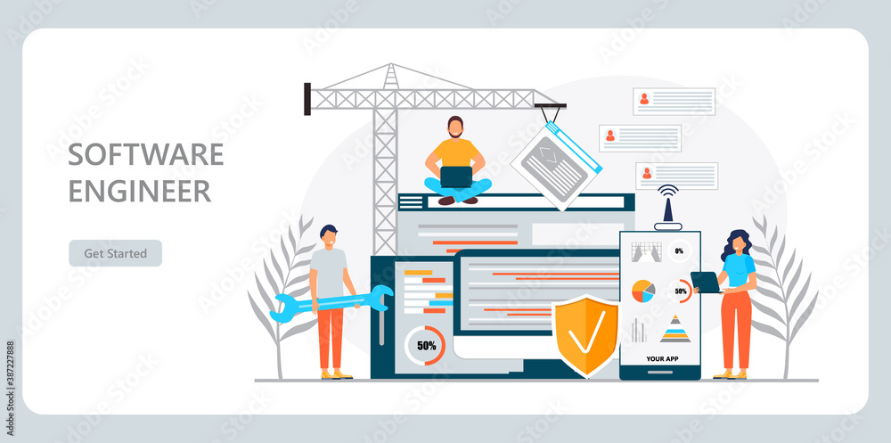 Web developer concept vector for landing page. Programmer constructs website using crane and writes code. Software engineer working in digital or AI technology. Software development Web developer concept vector for landing page. Programmer constructs website using crane and writes code. Software engineer working in digital or AI technology. Software development