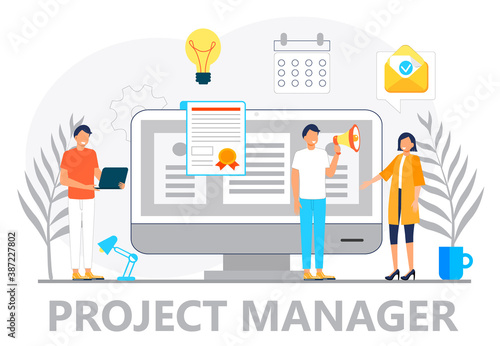 Content manager concept vector for landing page. Freelance workers are busy with email marketing analysis. Seo specialist