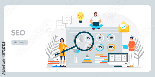 Content manager concept vector for landing page. Freelance workers are busy with email marketing analysis. Seo specialist