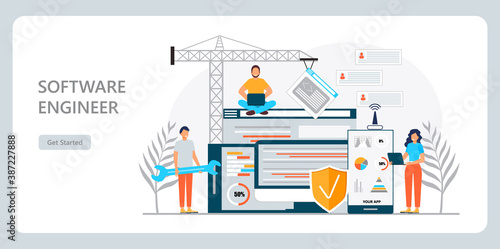 Web developer concept vector for landing page. Programmer constructs website using crane and writes code. Software engineer working in digital or AI technology. Software development