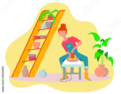 Pottery hobby. Ceramic craft master, ceramics pottery artist or pot craftsman workshop flat vector illustration