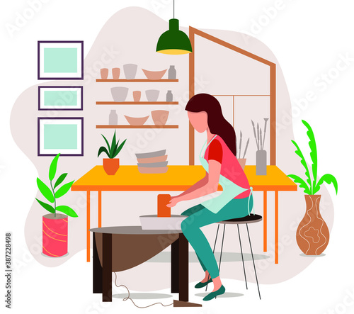 Pottery hobby. Ceramic craft master, ceramics pottery artist or pot craftsman workshop flat vector illustration