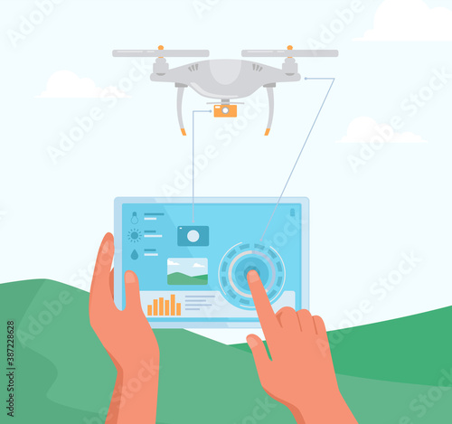 Close up of man's hands holding the controller for a drone with a tablet vector illustration