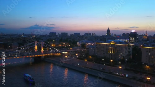 night sunset moscow river bay krymsky bridge park kultury aerial flight over panorama 4k russia photo