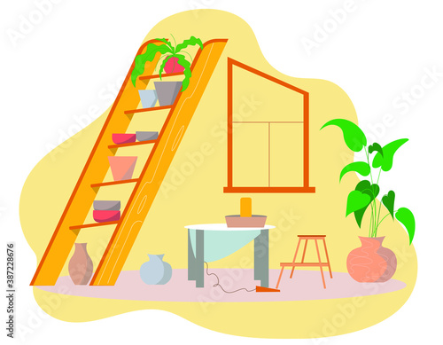 Vector illustration of workshop of a pottery artisan. Pottery workshop. 