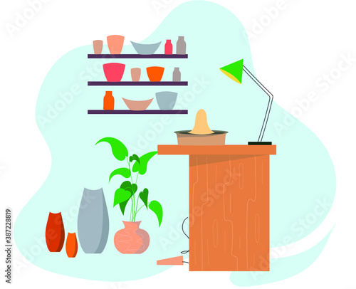 Vector illustration of workshop of a pottery artisan. Pottery workshop. 