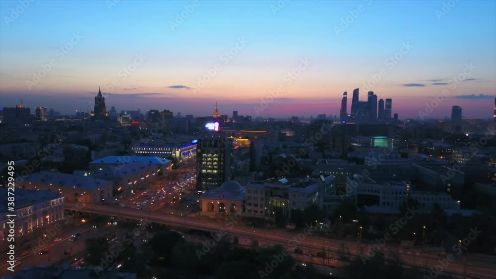 night sunset moscow city gorky park river bay garden ring aerial flight over panorama 4k russia night sunset moscow city gorky park river bay garden ring aerial flight over panorama 4k russia