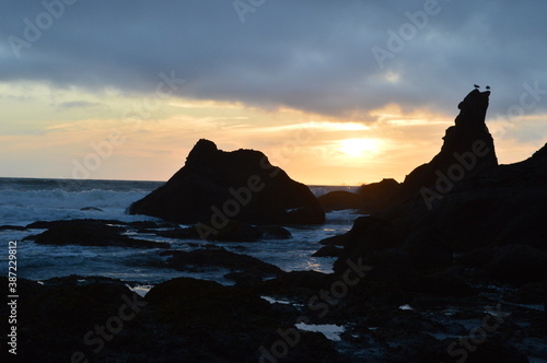 Sunset camping at the Shi Shi Beach in the Olympic National Park in the Pacific Northwest of Washington State, USA