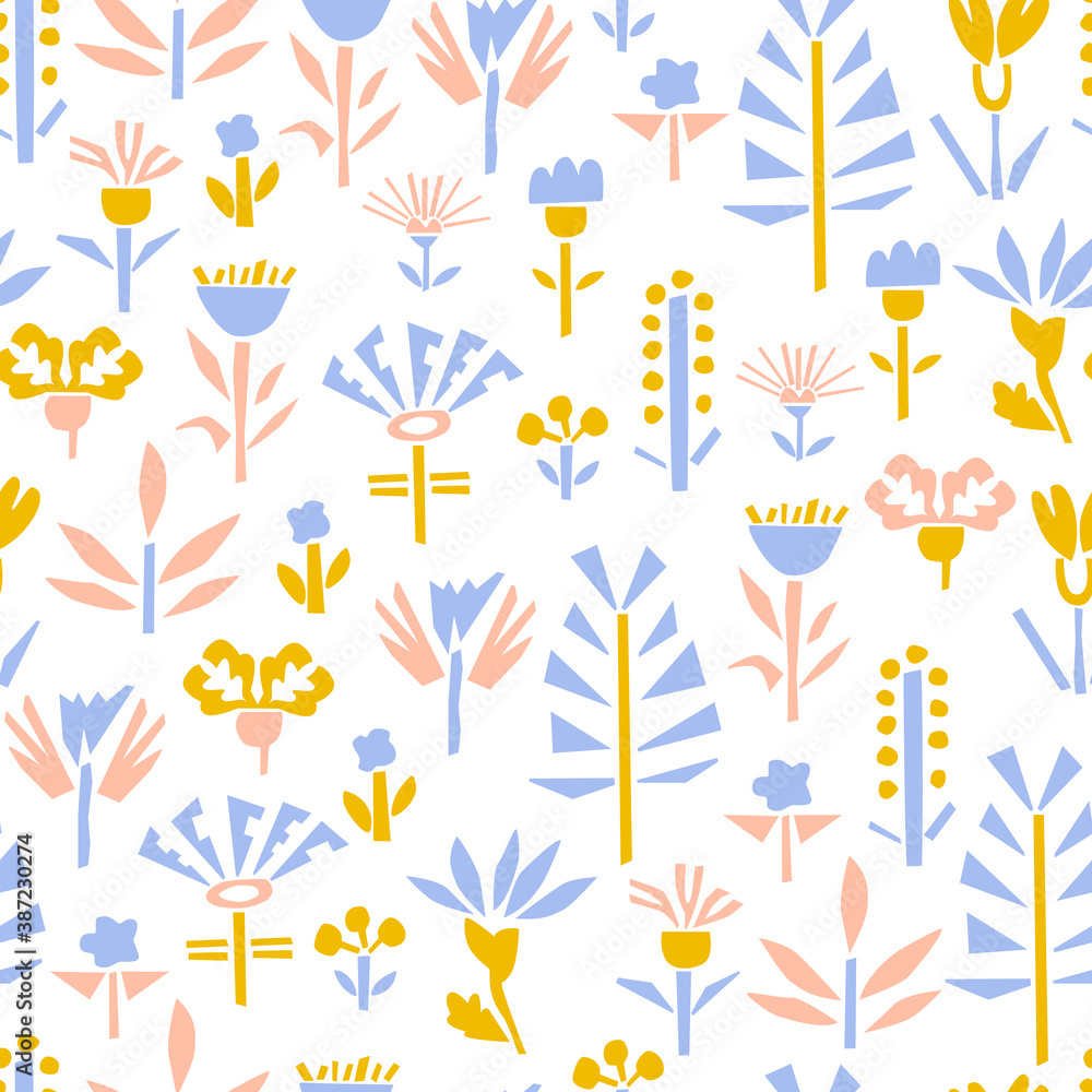 Pastel colorful pattern with different paper cut plants. Hand-drawn geometrical floral elements for wallpaper, wrapping paper, surface design Pastel colorful pattern with different paper cut plants. Hand-drawn geometrical floral elements for wallpaper, wrapping paper, surface design
