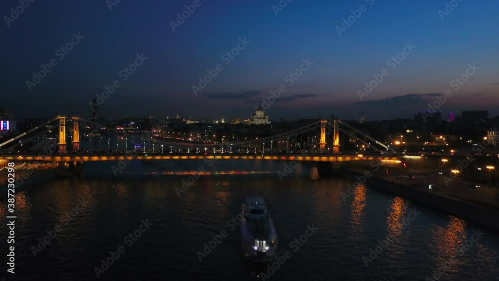 night time moscow river ship traffic krymsky bridge aerial flight over panorama 4k russia night time moscow river ship traffic krymsky bridge aerial flight over panorama 4k russia